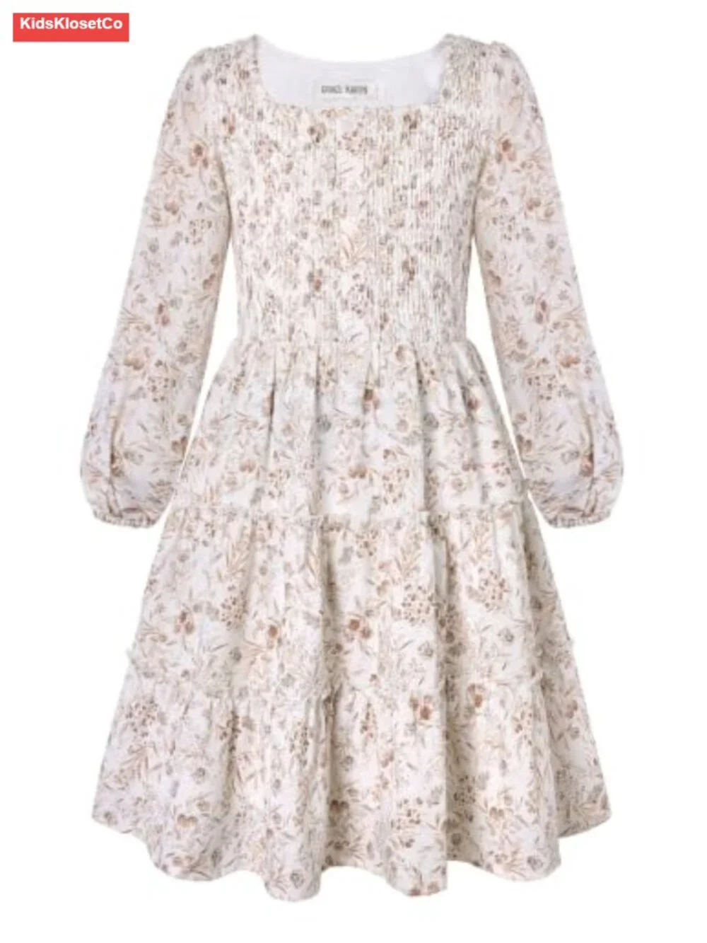Girls Long Sleeve Floral Tiered Dress, Smocked Bodice, Casual Party